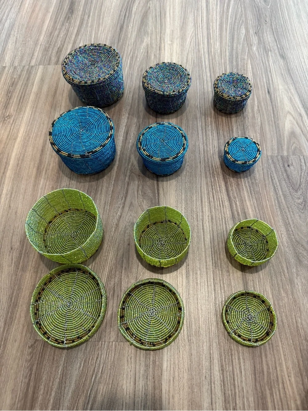 Handwoven Beaded Round Storage Boxes Set - Blue, Green & Multicolor